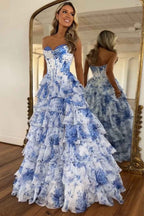 Blush Sweetheart A Line Chiffon Floral Ruffled Long Corset Prom Dress With Slit