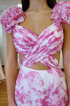 Blue And White Flower Printed V Neck A Line Chiffon Tiered Long Prom Dress