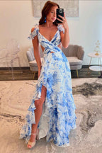 Blue And White Flower Printed V Neck A Line Chiffon Tiered Long Prom Dress
