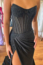 Sparkly Gold Sweetheart Beaded Mermaid Corset Prom Dress With Slit