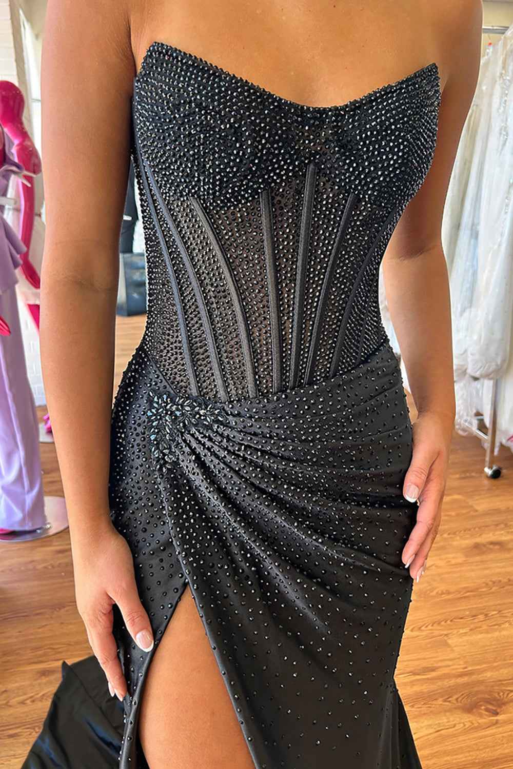 Sparkly Gold Sweetheart Beaded Mermaid Corset Prom Dress With Slit