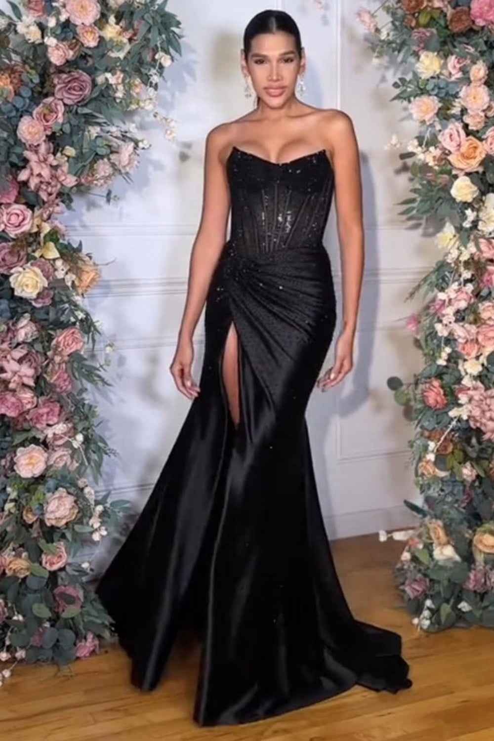 Sparkly Gold Sweetheart Beaded Mermaid Corset Prom Dress With Slit