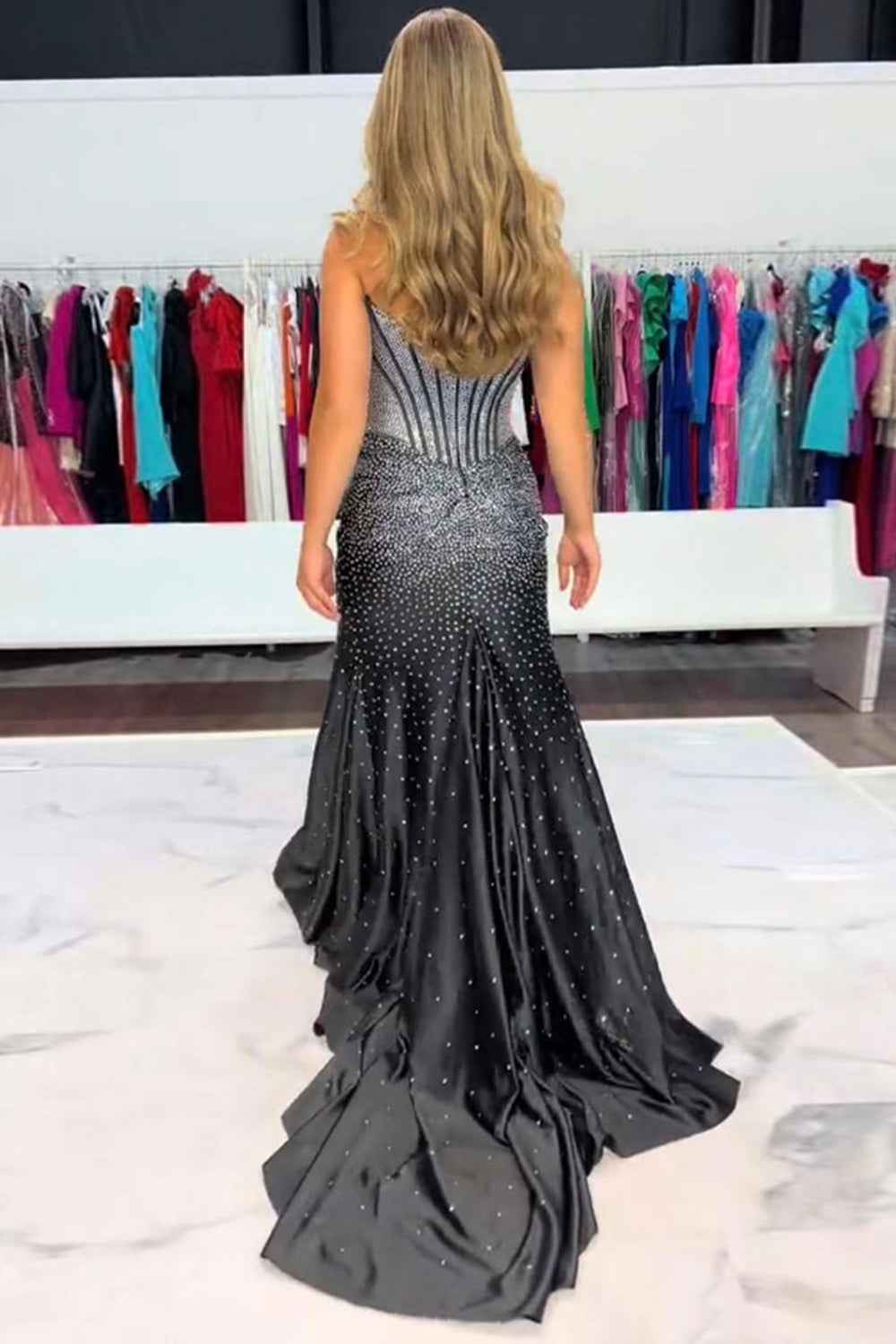 Sparkly Gold Sweetheart Beaded Mermaid Corset Prom Dress With Slit