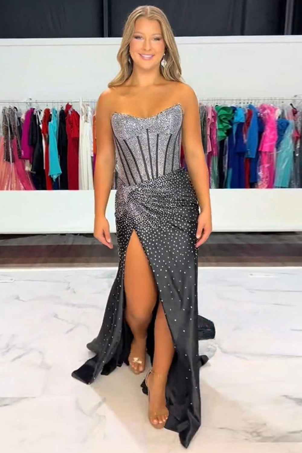 Sparkly Gold Sweetheart Beaded Mermaid Corset Prom Dress With Slit