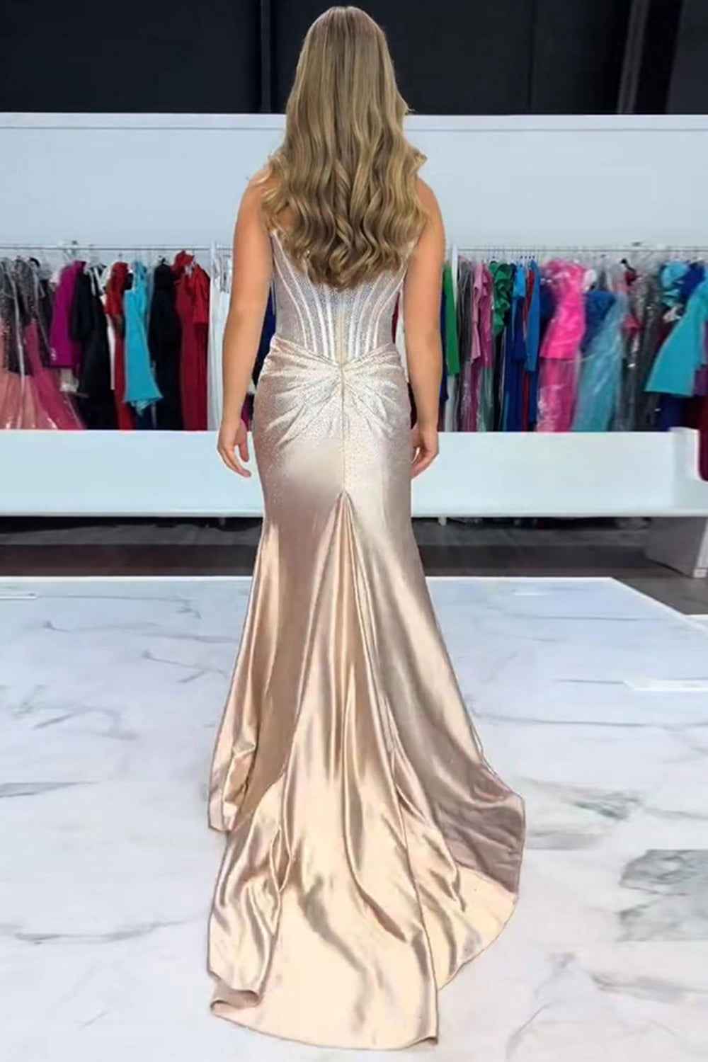 Sparkly Gold Sweetheart Beaded Mermaid Corset Prom Dress With Slit