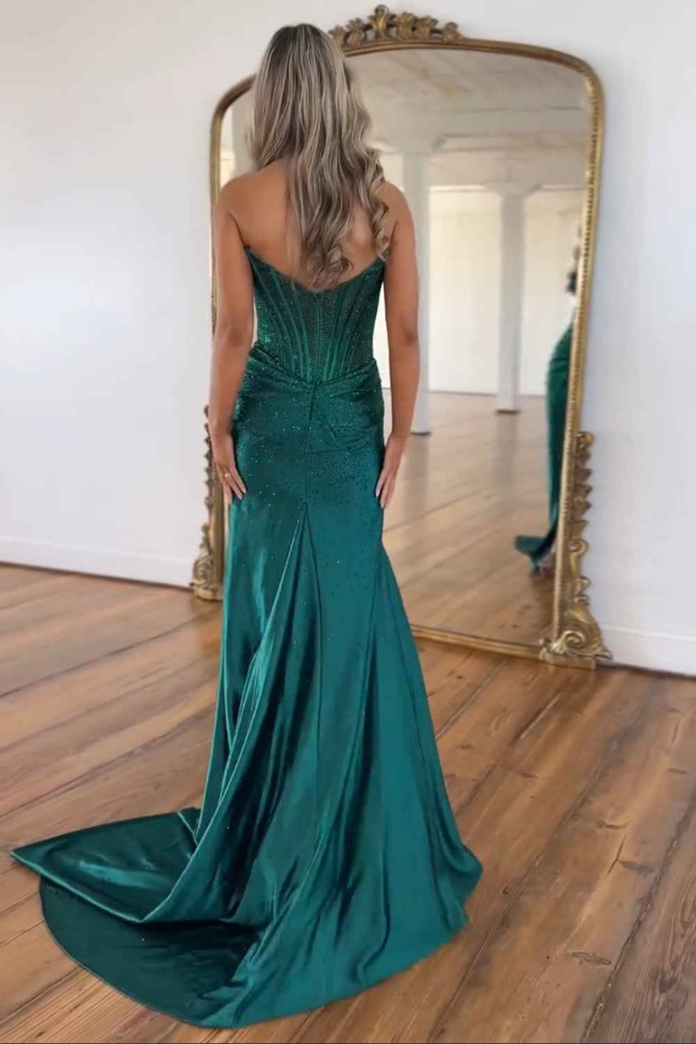 Sparkly Gold Sweetheart Beaded Mermaid Corset Prom Dress With Slit