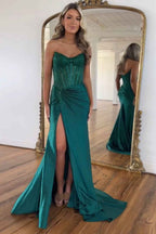 Sparkly Gold Sweetheart Beaded Mermaid Corset Prom Dress With Slit