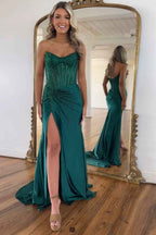 Sparkly Gold Sweetheart Beaded Mermaid Corset Prom Dress With Slit