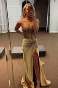 Sparkly Gold Sweetheart Beaded Mermaid Corset Prom Dress With Slit