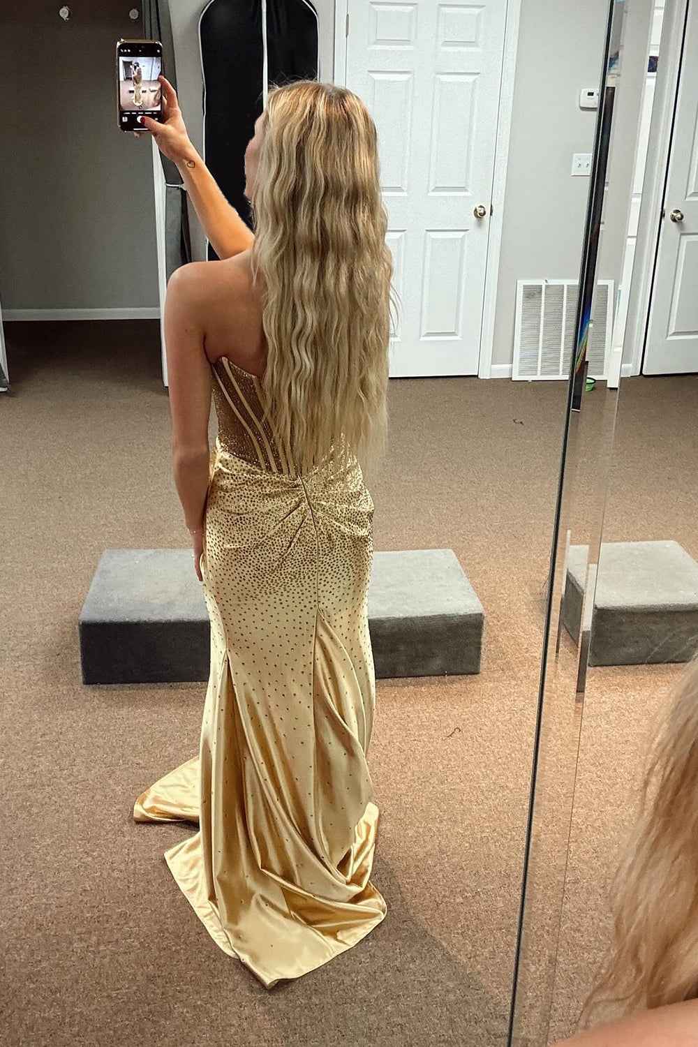Sparkly Gold Sweetheart Beaded Mermaid Corset Prom Dress With Slit