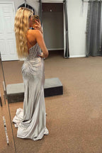 Sparkly Gold Sweetheart Beaded Mermaid Corset Prom Dress With Slit