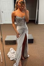 Sparkly Gold Sweetheart Beaded Mermaid Corset Prom Dress With Slit