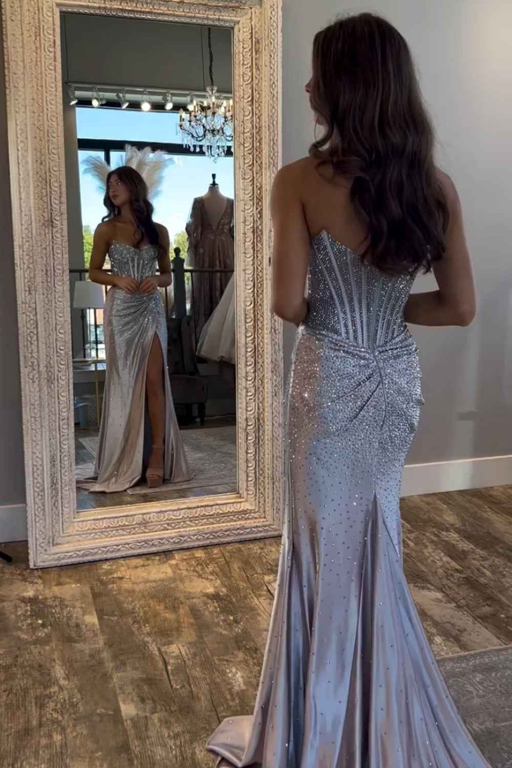 Sparkly Gold Sweetheart Beaded Mermaid Corset Prom Dress With Slit