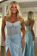 Sparkly Gold Sweetheart Beaded Mermaid Corset Prom Dress With Slit
