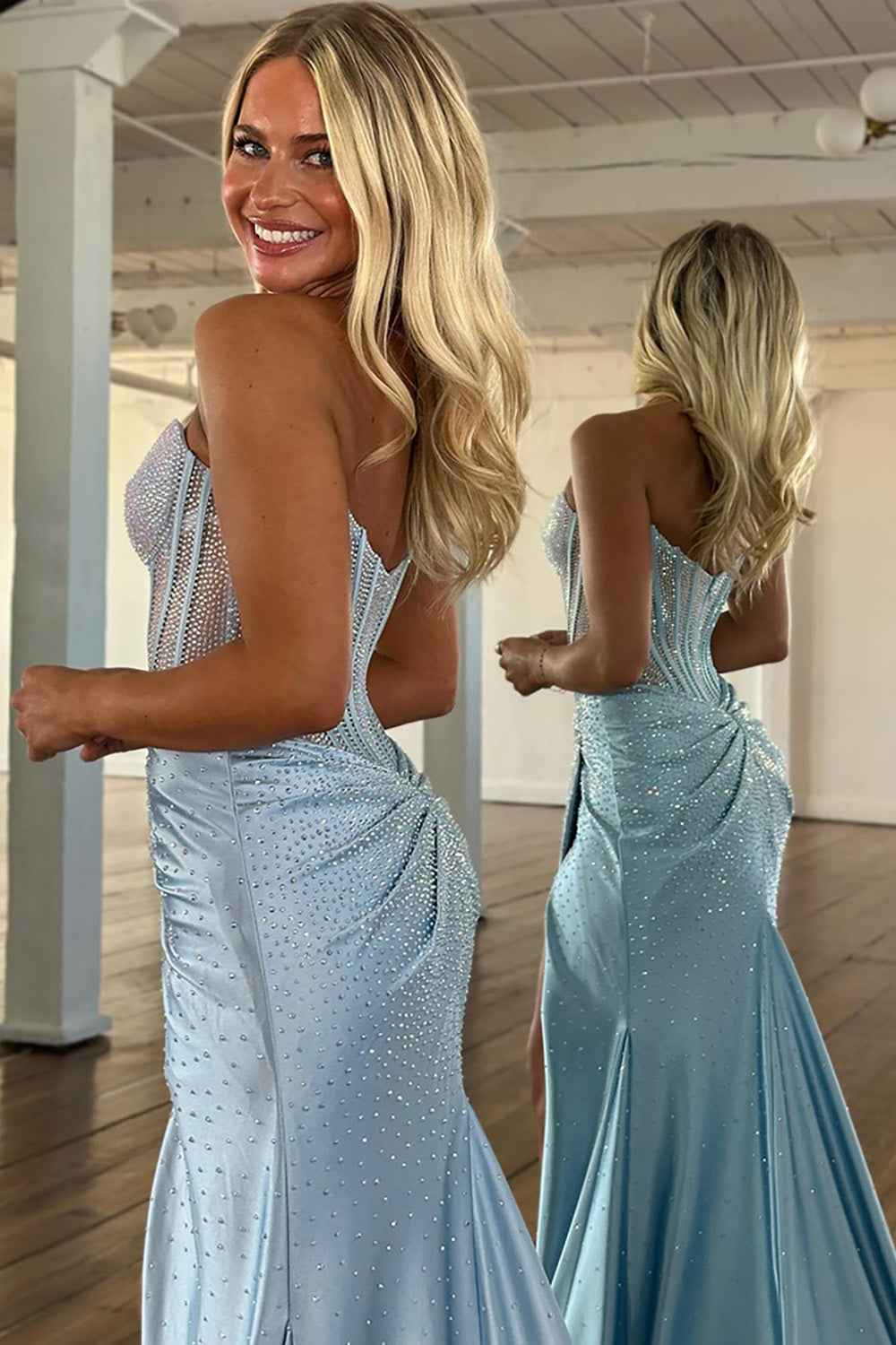 Sparkly Gold Sweetheart Beaded Mermaid Corset Prom Dress With Slit