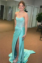 Sparkly Gold Sweetheart Beaded Mermaid Corset Prom Dress With Slit