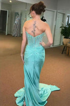 Sparkly Gold Sweetheart Beaded Mermaid Corset Prom Dress With Slit