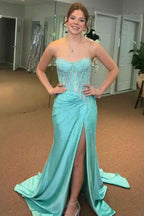 Sparkly Gold Sweetheart Beaded Mermaid Corset Prom Dress With Slit