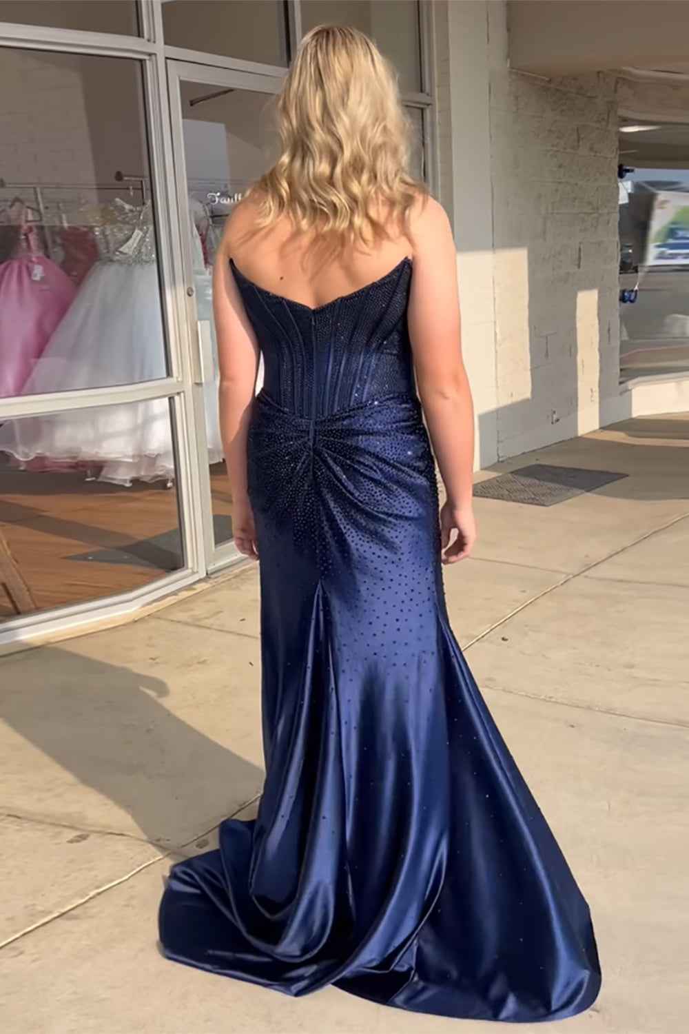 Sparkly Gold Sweetheart Beaded Mermaid Corset Prom Dress With Slit