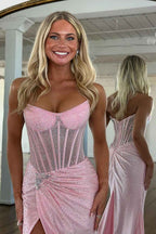 Sparkly Gold Sweetheart Beaded Mermaid Corset Prom Dress With Slit
