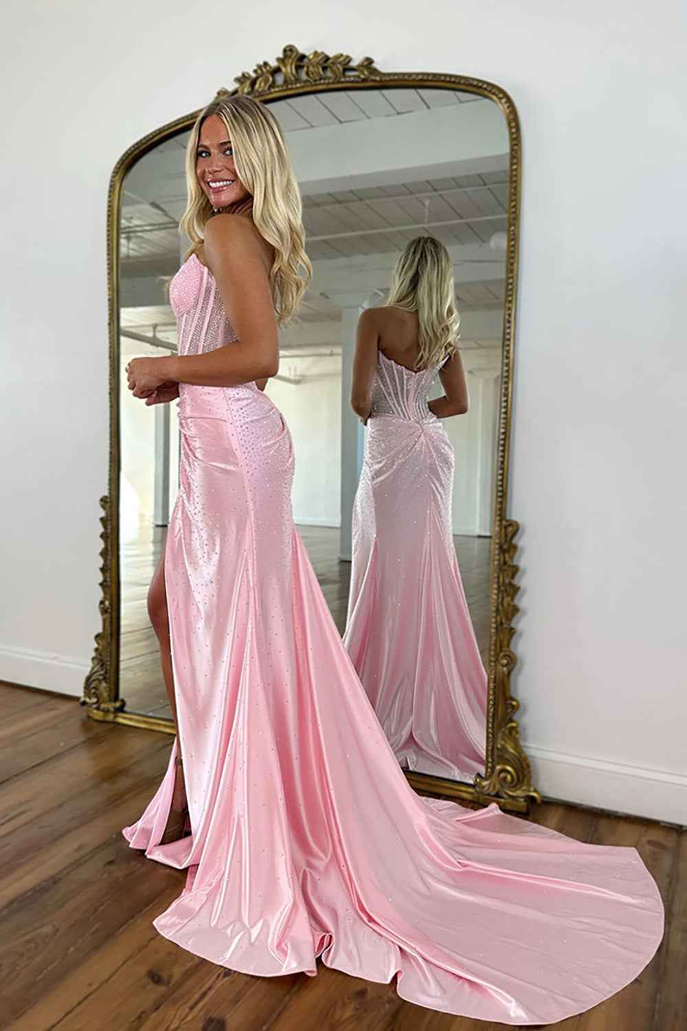 Sparkly Gold Sweetheart Beaded Mermaid Corset Prom Dress With Slit