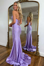Glitter Lilac Strapless Mermaid Prom Dress With Beading Satin