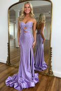 Glitter Lilac Strapless Mermaid Prom Dress With Beading Satin