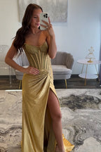 Sparkly Gold Sweetheart Beaded Mermaid Corset Prom Dress With Slit