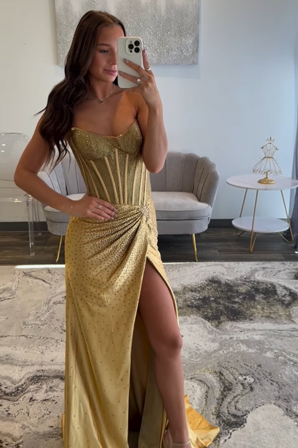 Sparkly Gold Sweetheart Beaded Mermaid Corset Prom Dress With Slit