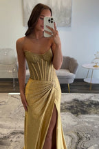 Sparkly Gold Sweetheart Beaded Mermaid Corset Prom Dress With Slit