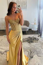 Sparkly Gold Sweetheart Beaded Mermaid Corset Prom Dress With Slit