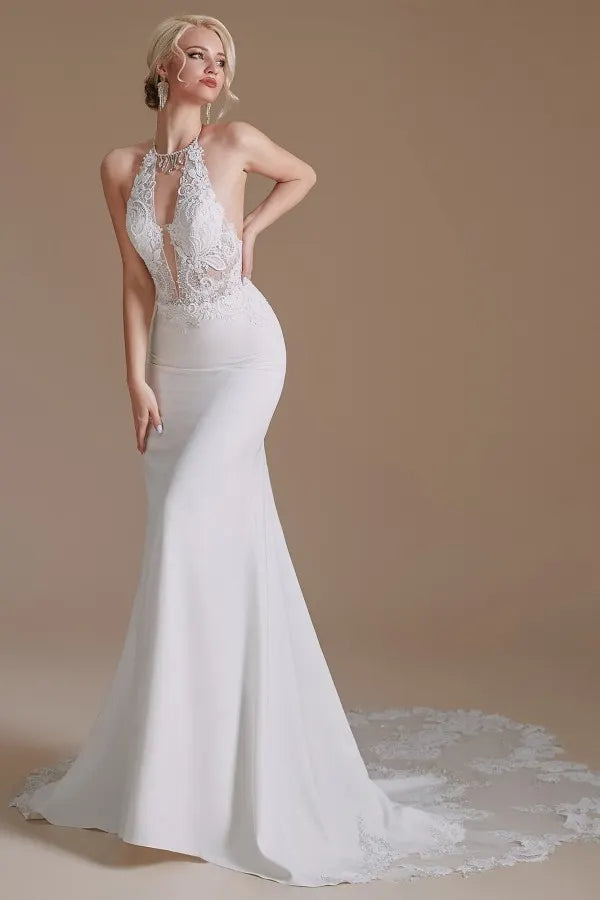 Charming Backless Long Mermaid Halter Satin Wedding Dresses With Lace Appliques