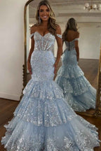 Light Blue Mermaid Off Shoulder Tulle Tiered Long Corset Sequin Prom Dress