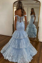 Light Blue Mermaid Off Shoulder Tulle Tiered Long Corset Sequin Prom Dress