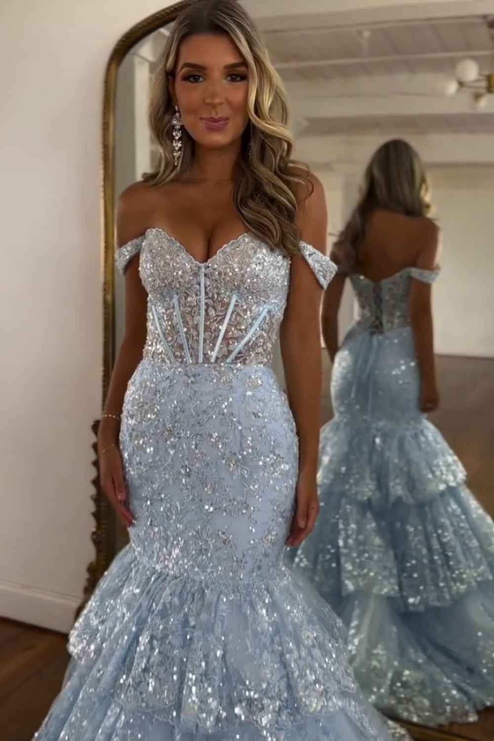 Light Blue Mermaid Off Shoulder Tulle Tiered Long Corset Sequin Prom Dress