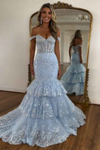 Light Blue Mermaid Off Shoulder Tulle Tiered Long Corset Sequin Prom Dress