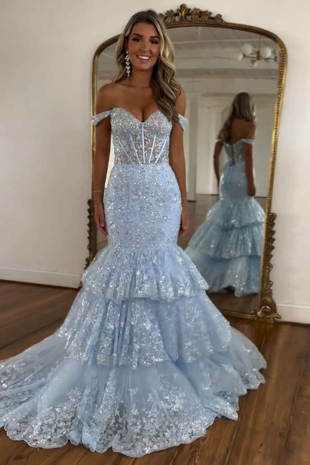 Light Blue Mermaid Off Shoulder Tulle Tiered Long Corset Sequin Prom Dress