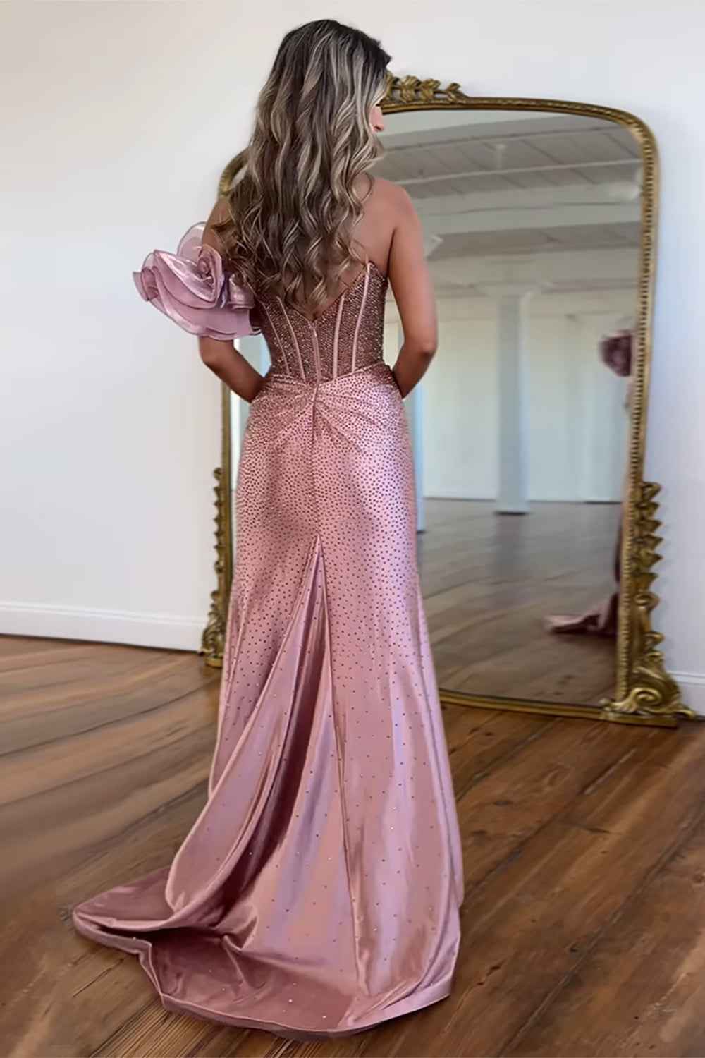 Navy Blue Mermaid Corset Prom Dress With Slit One Shoulder Beaded Long Evening Gown