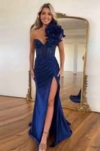 Navy Blue Mermaid Corset Prom Dress With Slit One Shoulder Beaded Long Evening Gown