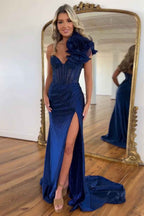 Navy Blue Mermaid Corset Prom Dress With Slit One Shoulder Beaded Long Evening Gown
