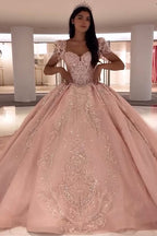 Square Neck Puff Sleeves Ball Gown Applique Quinceanera Dress with Train