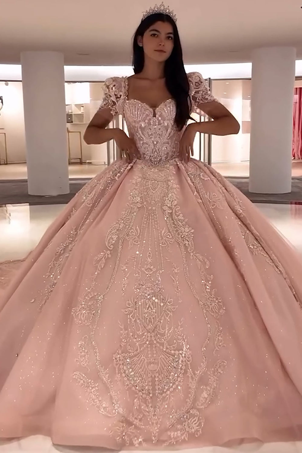 Square Neck Puff Sleeves Ball Gown Applique Quinceanera Dress with Train