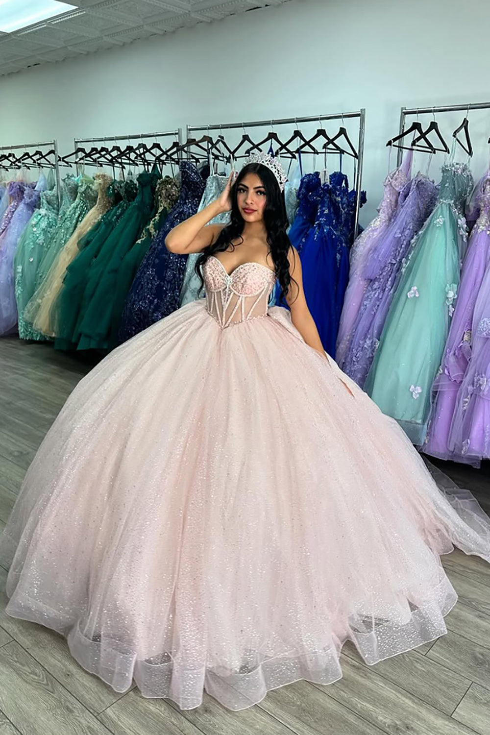 Sparkly Pink Sweetheart Princess Tulle Corset Quinceanera Dress with Beading