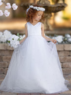 Floor Length V Neck Satin Tulle Princess Flower Girl Dress
