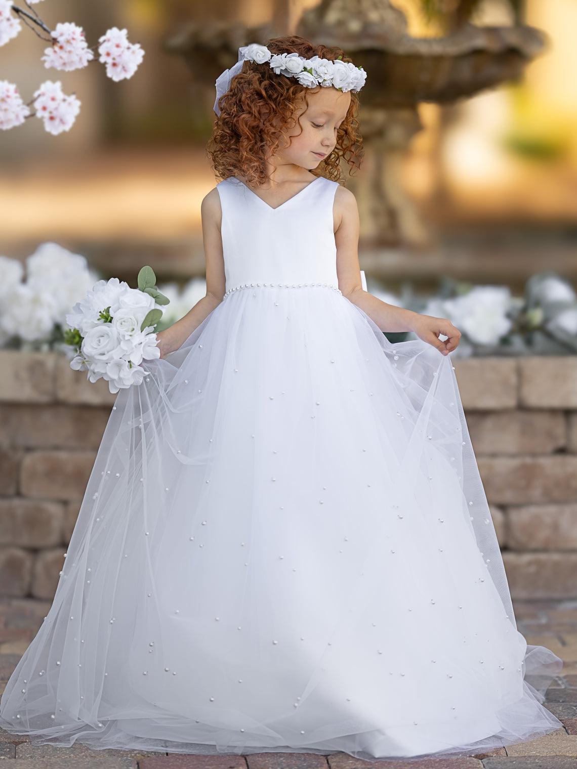 Floor Length V Neck Satin Tulle Princess Flower Girl Dress