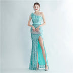 Heavy Industry Ostrich Hair Craft Beading Evening Dress with Side Slit