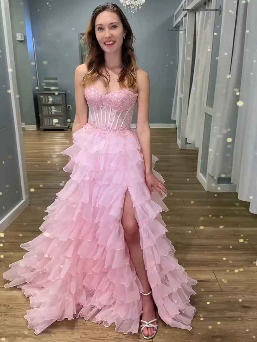 Pink Strapless Corset Prom Dress With Tiered Ruffles Lace Applique