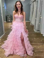 Pink Strapless Corset Prom Dress With Tiered Ruffles Lace Applique