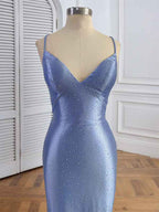 Light Blue Mermaid Prom Dress Rhinestone V Neck