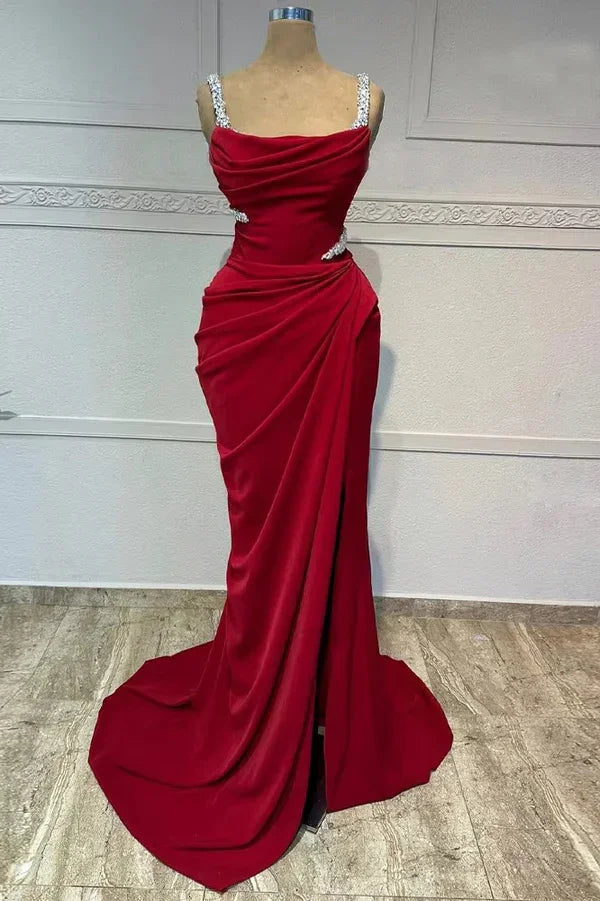 Abito da sera formale vintage bordeaux con spalline sottili, perline e taglio sirena, abito da ballo Y7688